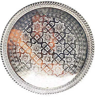 Marokkanisches handgefertigtes Tablett, gehämmert in Marrakesch, Vielseitig einsetzbar als Teetablett, Obstschale, Kerzenhalter usw. Durchmesser 28 cm, Höhe 2 cm