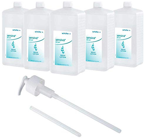 5x 1000 ml Eurofl. Schülke Sensiva® Waschlotion Reinigungslotion Flüssigseife Lotion, seifenfrei + 1x Dosierpumpe