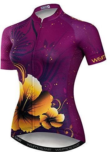 Donne ciclismo Jersey manica corta traspirante con tasche fiore, Viola scuro, M