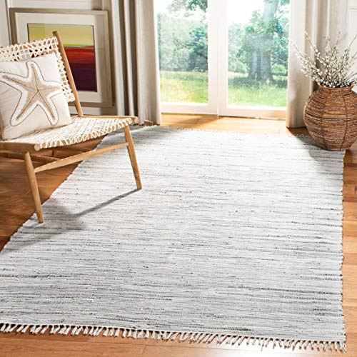 SAFAVIEH Rag Rug Collection Area Rug - 5' Square, Grey, Handmade Boho Stripe Cotton, Ideal for High Traffic Areas in Living Room, Bedroom (RAR121A)