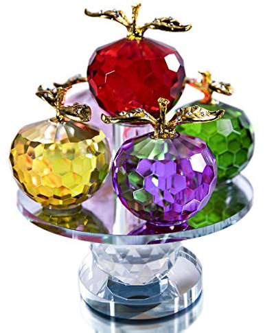 QFkris 5.1inches Height, 5 Colors Crystal Faceted Apples Ornament, Glass Apple Figurines Collectibles with Rotatable Base for Home Table Decor