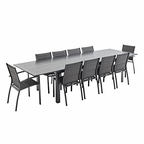 sweeek Alice's Garden - Table de Jardin Extensible Aluminium + 10 assises - Odenton Anthracite - Grande Table en Aluminium 235/335cm avec rallonge et 10 assises en textilène