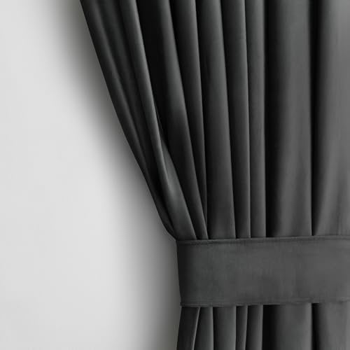 AmeliaHome Set Vorhang H 270 x B 140 cm mit Raffhalter 54 x 10 cm Velvet Optik Anthrazit 1 St. Ösenschal Samt Halbverdunkelungsvorhang Fensterdekoration Dekoschal Dekorvorhang