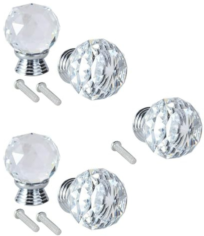 Crystal Glass Door Knobs, Clear Ball-Shape, Round 20mm, 5Pcs, With Screws | Dresser Drawers, Wardrobe Doorknob Pull Handle, Diamond Glass Cabinet Drawer Pulls, Cupboard Knob