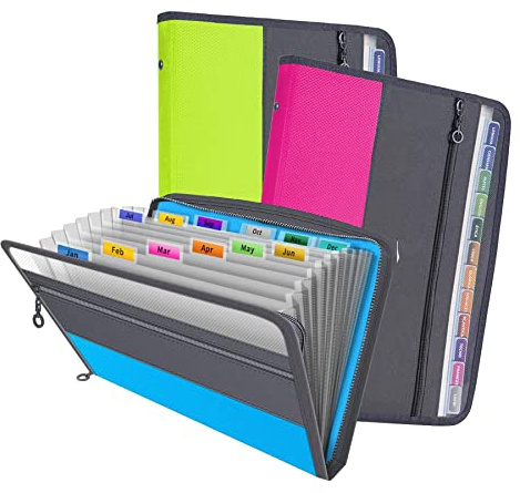 12 Pocket A4 Expanding File Folders with Zip Closure - Set of 3 Assorted Colour Folders.