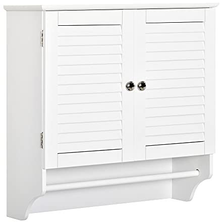 kleankin Armoire Murale Salle de Bain - Placard 2 Portes persiennes avec étagère - Porte-Serviette - Bois Blanc