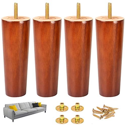 20 cm / 8 Inch Wooden Furniture Legs Set 4 PCS Cone Shaped Oak Wood Furniture Replacement Feet Legs with Mounting Plate & Screws for Sofa TV Cabinet Bed Dining Table Couch Cabinet Chair - Walnut