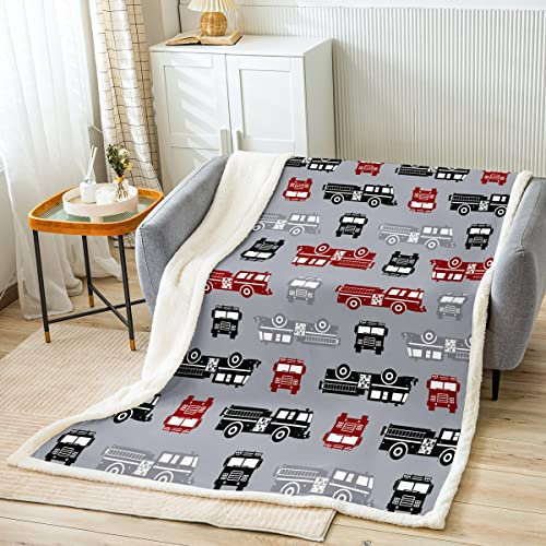 Sunnybed Fahrzeuge Bettdecke Jungen Feuerwehrauto Decke 150X200,Feuerwehr Auto Fleecedecke für Kind Jugend Mann,Feuerwehr Sherpa Decke Feuerwehrfahrzeug Kinderauto Themenzimmer Dekor Grau