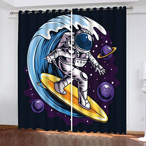 Vorhang Blickdicht mit Ösen Astronaut Surfbrett Verdunkelungsvorhang 2er Set Planet Wellen Polyester Schallschutz Gardinen für Jungen Mädchen Wohnzimmer Schlafzimmer Vorhänge B 200 X H 160 cm