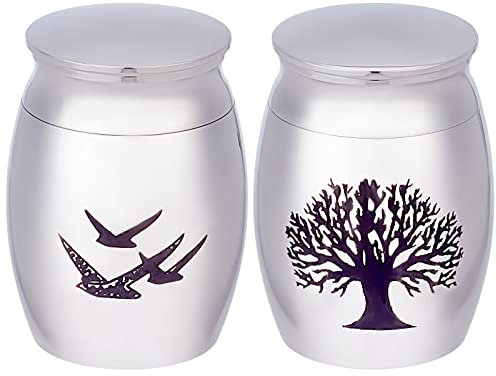 CREATCABIN 2 kleine Baum-Vögel-Druck-Haustier-Urnen Always In My Heart Memorial Asche-Halter Mini Gravierte Metall-Einäscherungs-Andenken Edelstahl-Urnen Für Haustier Hund Katze Kaninchen Splitter