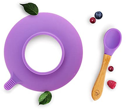 Kleiner Fuchs Bambus Kinder Löffel und Silikon-Saugnapf Set, Silikon Baby Löffel und Saugnapf Set kombinierbar mit all unseren Teller - und Schüsselsets, Baby & Kinderbesteck ab 1 Jahr, Farbe: Lila