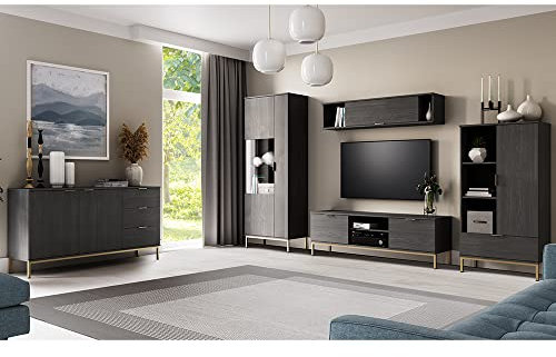 Wohnzimmer Möbel Komplett Set inkl. LED Glasbodenbeleuchtung in Esche schwarz Nb., Sideboard, Vitrinenschrank, Wandschrank, TV Lowboard, Highboard
