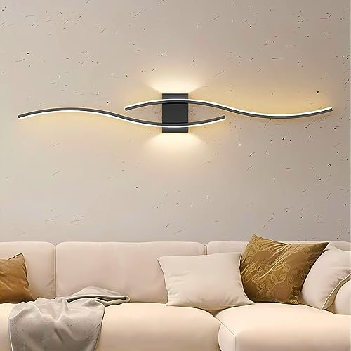 J.SUNUN LED Wandleuchte Innen Moderne,Schwarz Wandlampe indoor 100CM 27W 3000LM,Lange Gebogene Design Wandleuchten für Schlafzimmer Arbeitszimmer Wohnzimmer wall lighting fixtures,Warmes Weiß 3000K