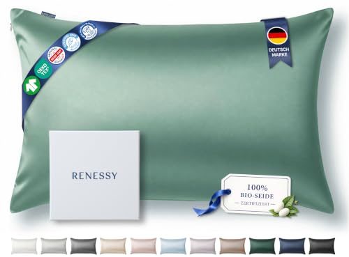 RENESSY Kissenbezug aus 100% Bio-Seide 40x80cm - 22 Momme Maulbeerseide, Güteklasse 6A, Oeko-Tex zert. in Deutschland - Luxus für Haar und Haut, 1 Stück (Salbeigrün)