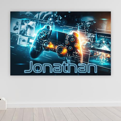 timalo® Robustes Gamerposter mit Namen personalisiert | Coole Gaming Wanddeko mit Gamer Bild für die Wand | Deko gaming Poster XXL Wandbild | Blau Neon Konsole | Motiv 68