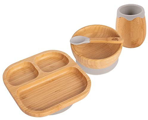 Tiny Dining Baby Feeding Set - Divided - Grey - 4pc - Divided Non-Slip Bamboo Self-Feeding Weaning Plate, Bowl, Drinking Cup & Spoon for Babies, Toddlers, Children