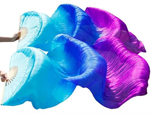 SNOWAQUA Belly Dance Faux Silk Veil Fans, 1 Pair (Left+Right) Faux Silk Bamboo Long Fans Veils, Handmade Belly Dance Dancing Silk Fans, Dance Performance (Style5, 35.4 * 70.8'')