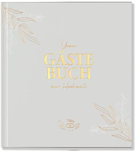 LEAF & GOLD® Gästebuch Hochzeit I Edles Hochzeitsgästebuch mit Fragen I Gästebuch zum Ausfüllen mit Goldfolienprägung (Weiß, Gold)