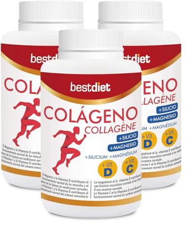 Bestdiet - Collagène avec magnésium, vitamine C et D et silicium en gélules, collagène hydrolysé pour l'entretien de la peau, des articulations et du cartilage, paquet de 3 bouteilles de 120 gélules