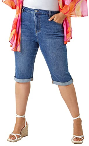 Roman Originals Denim Shorts for Women UK Ladies Knee Length Stretch Jean Cropped Capri Jegging Turn Up Hem Cut Off Summer High Waisted Trouser Smart Pants Casual - Plus Denim - Size 3032
