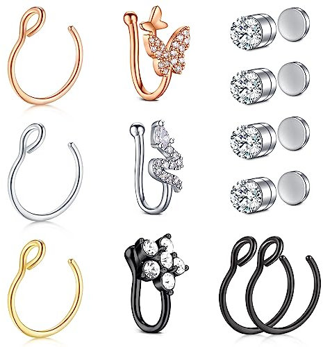 AceFun Lot de 6 à 20 faux anneaux de nez en acier inoxydable pour lèvre, oreille, nez, septum, sans perçage, anneaux de nez à clipser - Faux piercings, Métal