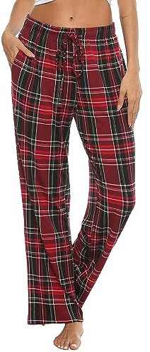 Lovasy Pantaloni Pigiama Donna in Pile Pantaloni a Quadri Morbidi e Caldo Trousers Plaid con Tasche per Casa Casual B Rosso XL