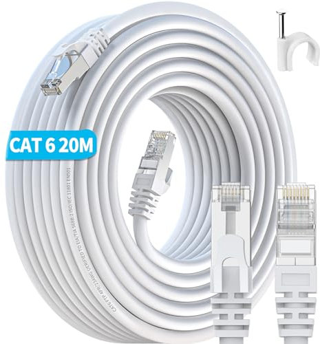 ikbc Cavo Ethernet 20 Metri Schermato, Cat 6 Cavo di Rete Alta Velocità Cavo Internet, FTP 23AWG Gigabit Cavo RJ45 20m Bianco 1000Mbps Anti-jamming Esterno Interno Cavo Patch per Router (20 Clips)