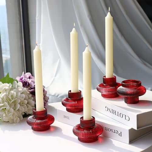 Vohocandle 6pcs Red Candle Sticks Holders for Candlesticks & Tealights, Ribbed Taper Candle Holder for Christmas Decorations, Candlesticks Holders Glass for Valentines Day, Outdoor Activities
