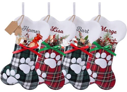 papasgix Weihnachtsstrumpf Personalisiert 40cm Hund Gestrickt Bestickte Nikolausstrumpf mit Namen Weihnachtssocken Kamin Hängenden Strumpf für Feiertags Familienparty Dekoration (4er Bunt Knochen)