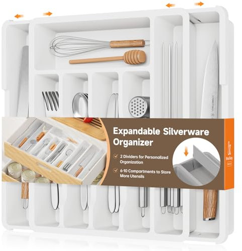 KreuRaxy Expandable Drawer Cutlery Organiser Tray for Kitchen Silverware Utensil | Adjustable Large Organizer for Efficient Spoon, Knife and Fork Storage, 6-10 Compartments, 13 to 22.8 Inches, White
