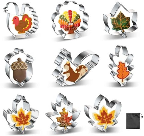 MUNSKT 9PCS automne couteau à biscuits avec sac de rangement en acier inoxydable biscuit pâtisserie DIY set feuille d'érable citrouille écureuil champignon hibou motif Thanksgiving Party Bake