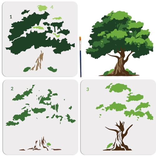 MAYJOYDIY Lot de 3 pochoirs hiérarchiques naturels réutilisables avec pinceau pour meubles, décoration d'intérieur, loisirs créatifs - 11,8 cm