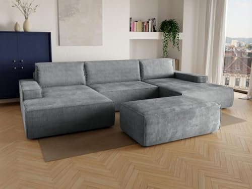 Vente-unique-Große Wohnlandschaft mit Schlaffunktion - Cord - Hellgrau - Amelia