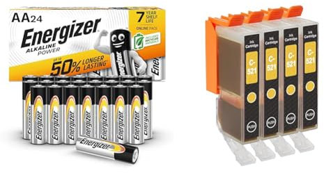 Energizer AA Batteries, Alkaline Power, 24 Pack, Double A Battery Pack & Go Inks C-521Y Compatible Yellow Ink Cartridge to replace Canon CLI-521Y