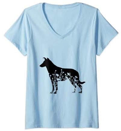 Damen Floral Smooth Collie Dog Mom, Silhouette Blumen T-Shirt mit V-Ausschnitt
