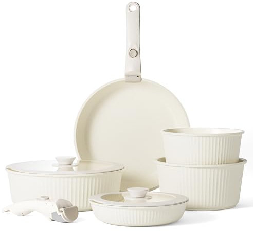 RIOVARM Induction Batterie de cuisine avec Poignées Détachables, Empilables Antiadhésive Granit Sets de poêles et casseroles avec Couvercles, Peu encombrant Poêle à frire Sans PFOA