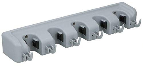 BAKAJI Portascope e Spazzole da Muro a 5 Posti, Rastrelliera Porta Scopa, Spazzolone e Utensili a Parete Salvaspazio in Plastica Grigio, Fissaggio con Viti, 6 Ganci Portatutto Versatile Multiuso