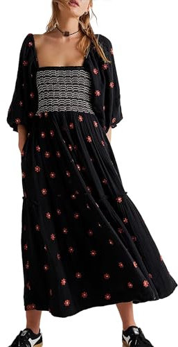 ZZLBUF Women's Flower Embroidered Maxi Dress Lantern Sleeve Square Neck Tiered Flowy Spring Fall Dress (Black, M)
