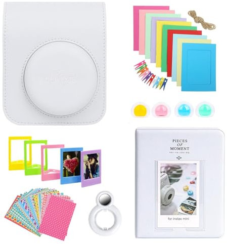 Clikoze Instant Camera Accessories Bundle with Fujifilm Mini 12 Case, Mini Album Book, Selfie Mirror, Film Stickers x20, Colour Filters and More (Clay White)