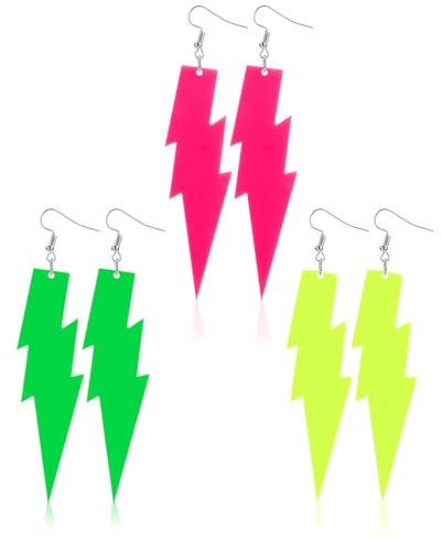 3 Paar Lightning Ohrringe Neon Grün Pink Gelb Blitz Vintage Ohrringe 80er Lightning Bolt Ohrringe Acryl Lightning Ohrringe 80er Damen Mädchen Ausgefallene Accessoires Halloween Neon Party