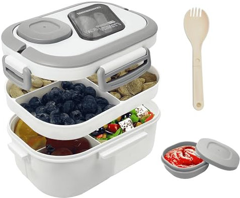 Bento Lunchbox mit Fächern | Brotbox Vesperbox Brotdose 2 Lagige | Auslaufsicher Erwachsene Salatbox Brotzeitbox Snackbox Frühstücksbox Jausenbox Butterbrotdose Schule (Weiß)
