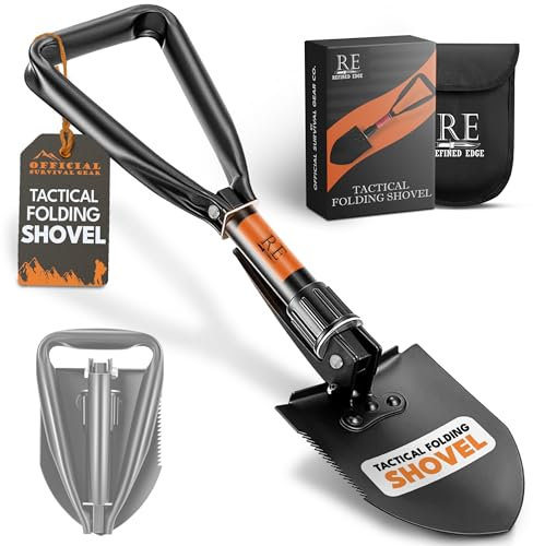 Pala plegable, pala de supervivencia de 18 pulgadas, pala de senderismo, acero al carbono de grado militar con borde de sierra, plegable con funda de transporte