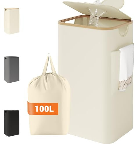 YOUDENOVA 100L Pfandflaschen Sammelbehälter mit Deckel & Geruchsdicht, Mülleimer Küche, Flaschensammler Leergut & Altglas Aufbewahrung, Recycling Bbehälter Müllsackständer für Abstellraum, Beige