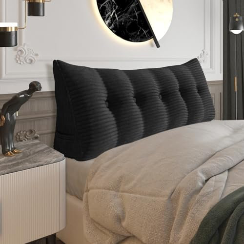 BNCKTRD Dicklich Rückenkissen Lesekissen für Bett und Couch, Rückenlehne Kopfende, Dreieckiges Sofakissen Bücherkissen, Wandkissen für Bett Herbst Winter, Kordsamt Schwarz 160cm