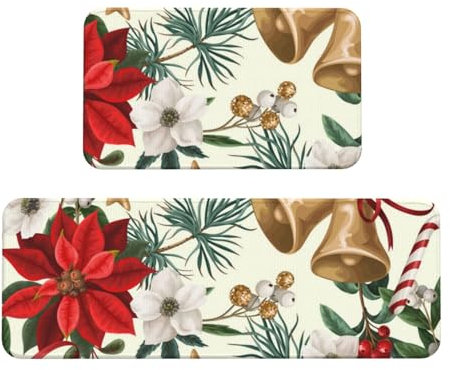 InOmak Weihnachtsstern mit Blumenmotiv Fußmatten Teppiche 2er-Set Küchenfußmatten