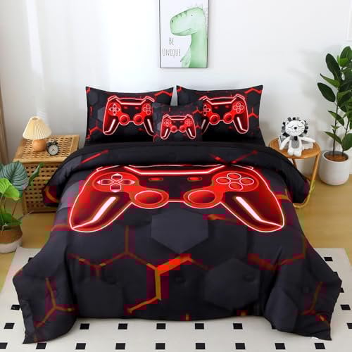 BYHOFMLY 6 Pieces Kids Gaming Bedding Set Black and Red Twin Comforter Set for Boys 3D Video Game Teen Boy Bed in A Bag Honeycomb Gamer Comforter and Sheet Set (Black Red, Twin)