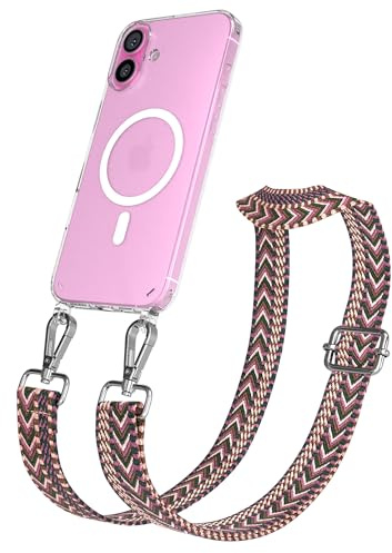 EAZY CASE Handykette - Verstellbares Taschenband kompatibel mit iPhone 16 Plus, Schulterriemen, Handykordel mit Silikon Hülle, Qi Charging kompatibel, Umhängetasche, Beere Pink Silber