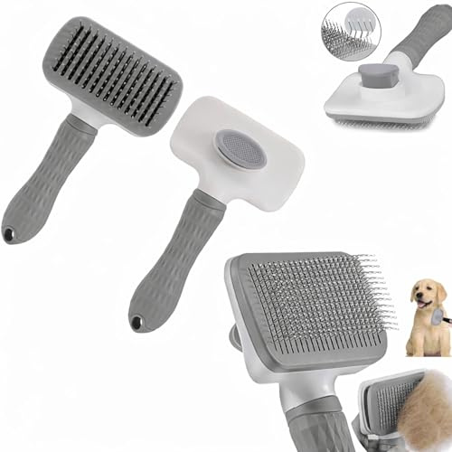 Selbstreinigende Hundebürste Katzenbürste, Ergonomisches Design, Weiche Borsten, m, für Große und Kleine Hunde, Katzen (grau)