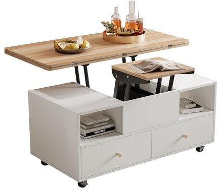 phosir Höhenverstellbarer Couchtisch, Hydraulik Klapptisch mit 4 Schubladen & Rollen, 100x50 cm Esstisch Sofatisch multifunktional, Eiche - 100x50x47.5-62 cm