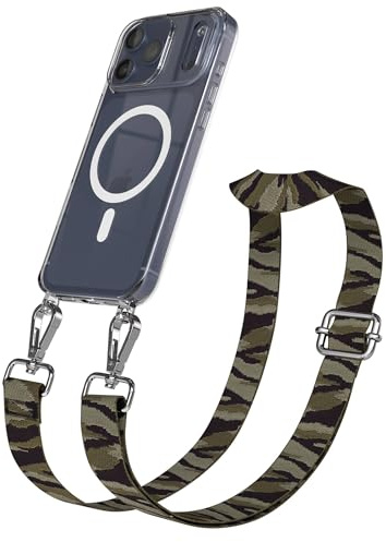 EAZY CASE Handykette - Verstellbares Taschenband kompatibel mit iPhone 17 Pro Max, Schulterriemen, Handykordel mit Silikon Hülle, Qi Charging kompatibel, Umhängetasche, Grün Camouflage Silber